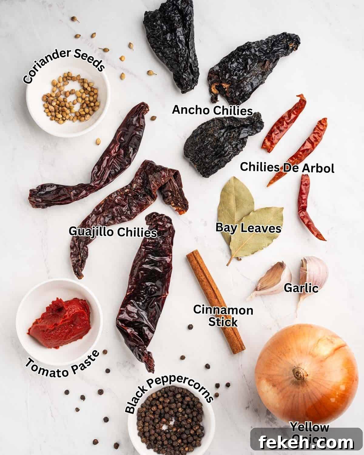 Authentic Quesabirria Tacos: How to Make Birria Tacos at Home 4 Labelled ingredients for Beef Birria: Chilies, cinnamon, bay leaves, garlic, onion, and spices.