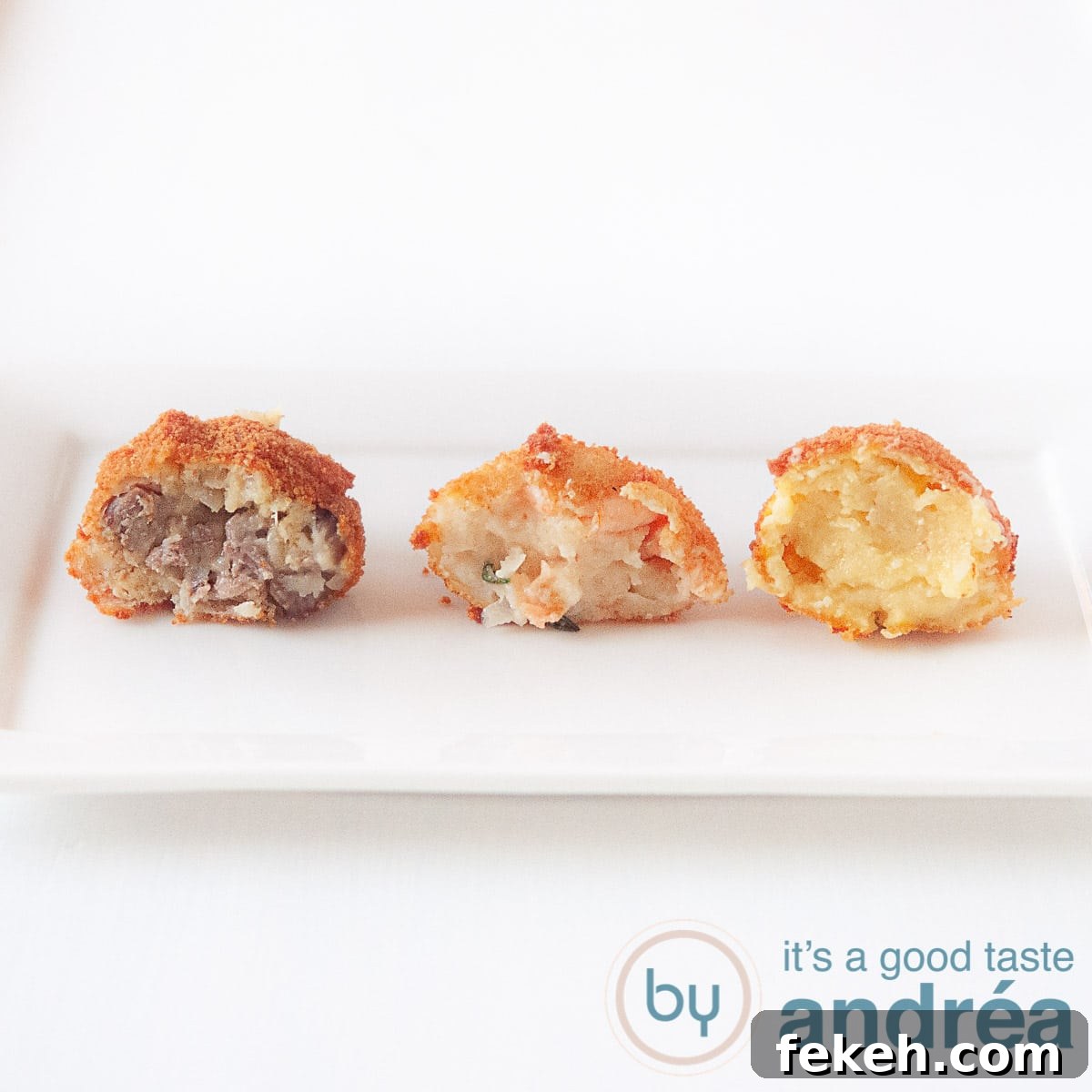 3 Authentic Dutch Bitterballen Recipes You Can Make at Home 2 a beef bitterbal, then a shrimp bitterballen and at last a cheese butterball on a white platter.