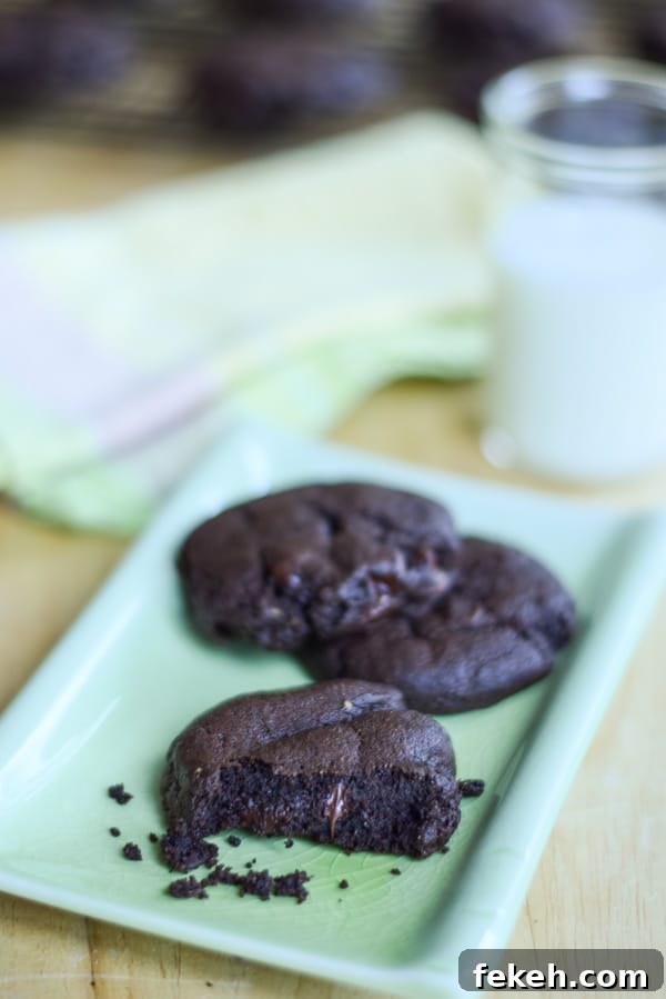 Decadent Chocolate Mint Cookie Recipes for Mint Lovers 2 Dark chocolate cookies on a green rectangle plate with milk and more cookies in the background