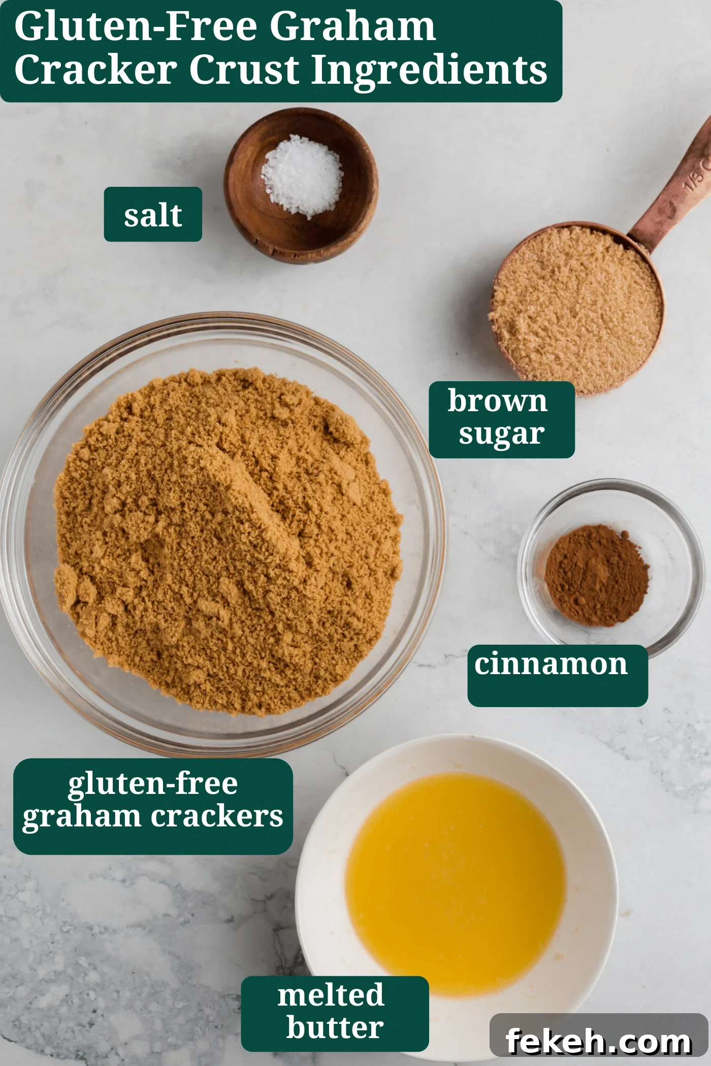 Gluten-Free Graham Cracker Pie Crust Recipe 3 An overhead photo showing the ingredients to make gluten-free graham cracker pie crust.