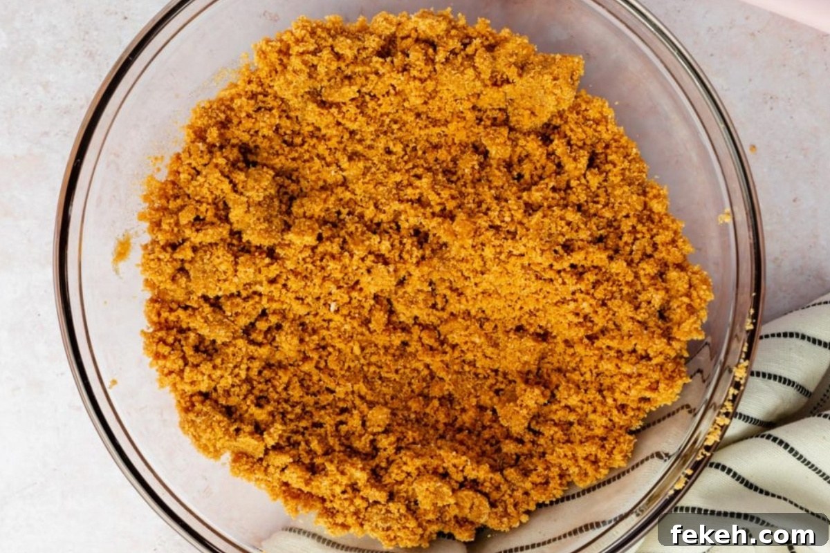 Gluten-Free Graham Cracker Pie Crust Recipe 8 A bowl with graham cracker crumb mixture.