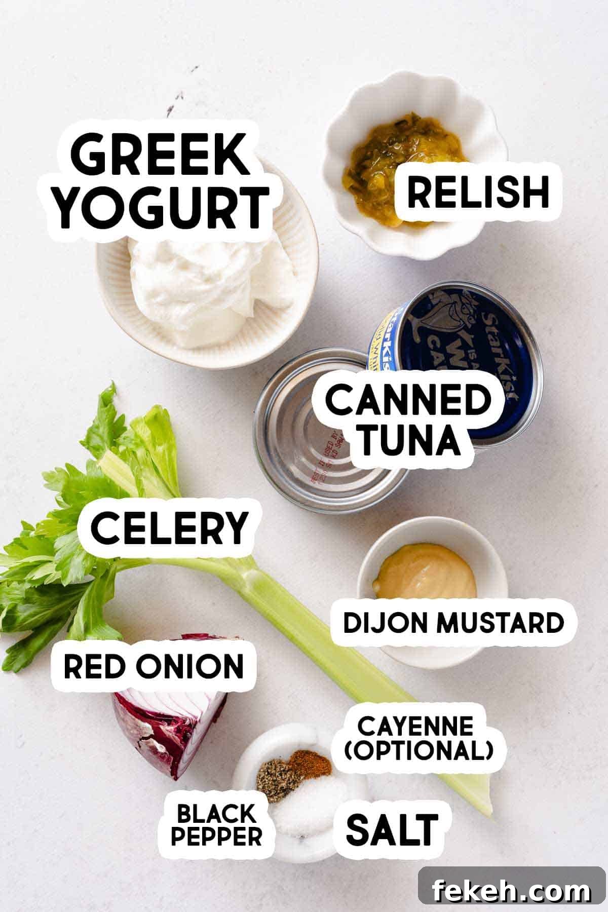 Greek Yogurt Tuna Salad Recipe Without Mayo — High-Protein Lunch 3 recipe ingredients for Greek yogurt tuna salad with text labels