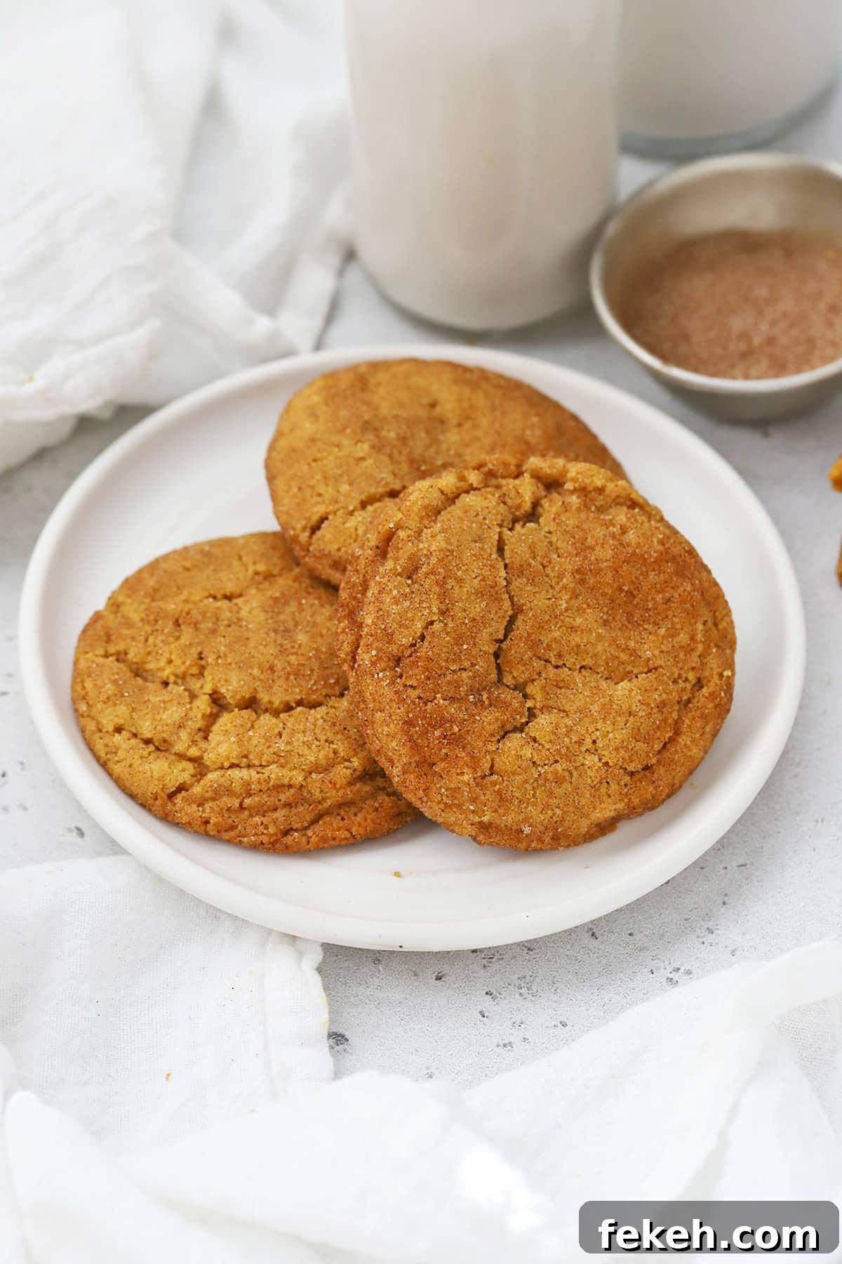Gluten-Free Pumpkin Snickerdoodle Cookies for Fall Baking 8 Front view of gluten-free pumpkin snickerdoodles on a white plate