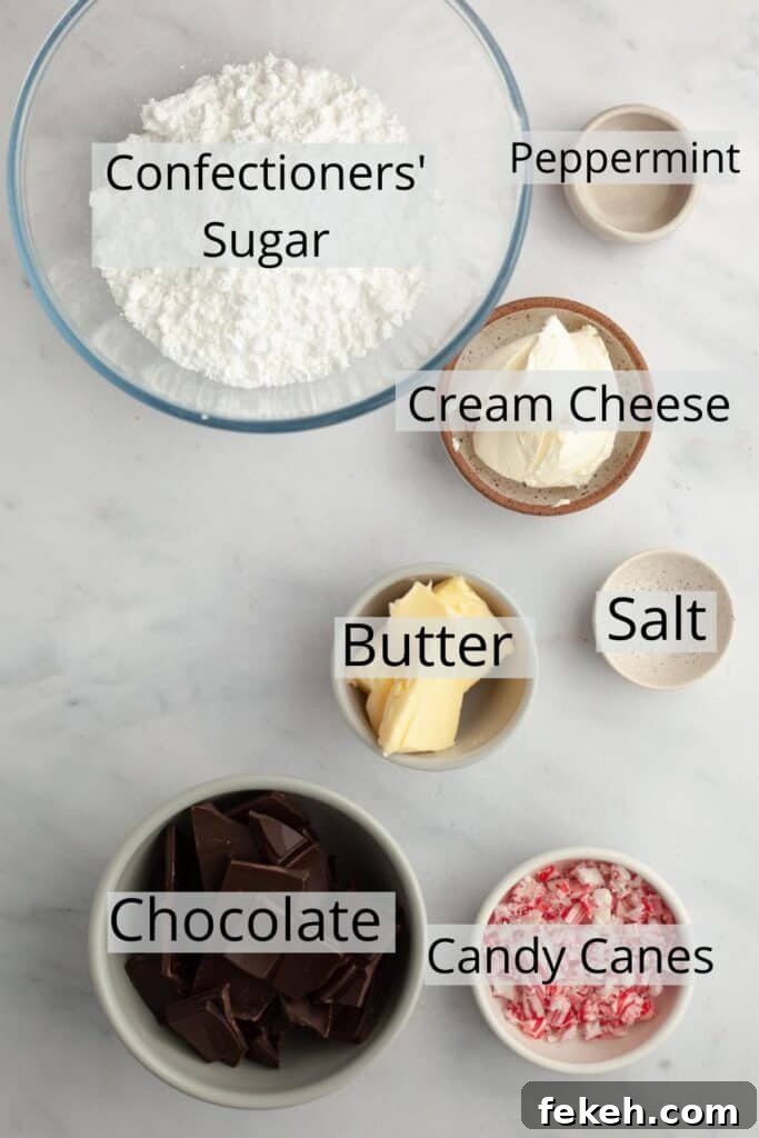 Peppermint Bark Brownies Recipe: Fudgy Chocolate with Candy Cane Topping 4 Ingredients needed to make peppermint bark brownies weighed out into small bowls.