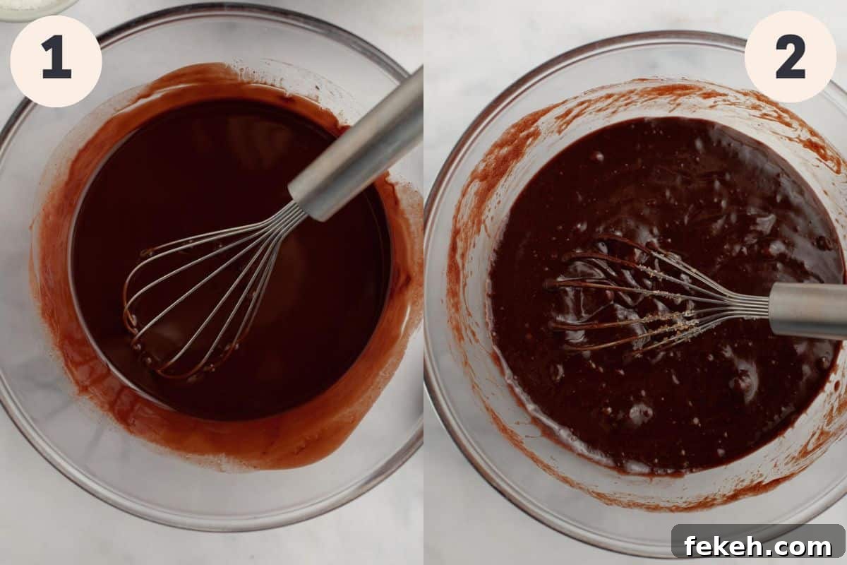 Peppermint Bark Brownies Recipe: Fudgy Chocolate with Candy Cane Topping 5 Steps 1 and 2 in the peppermint bark brownie baking process.