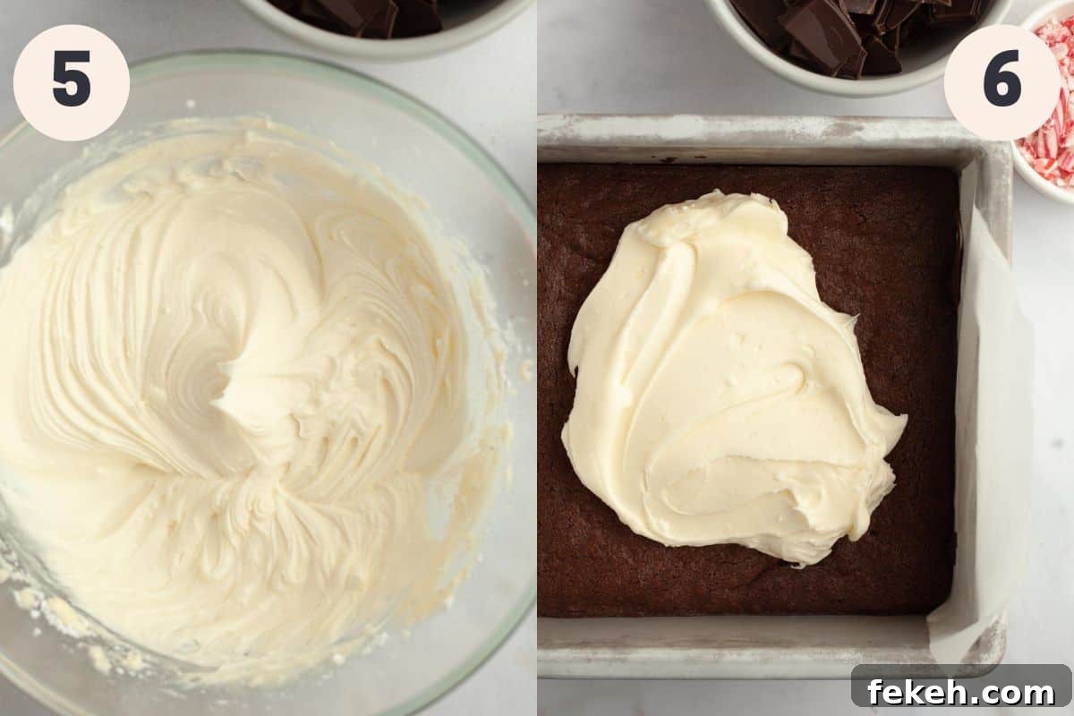 Peppermint Bark Brownies Recipe: Fudgy Chocolate with Candy Cane Topping 7 Steps 5 and 6 in the peppermint bark brownie baking process.