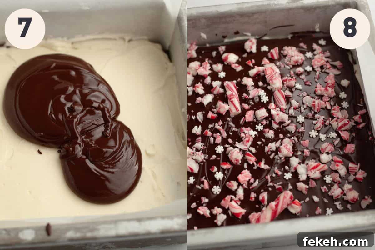 Peppermint Bark Brownies Recipe: Fudgy Chocolate with Candy Cane Topping 8 Steps 7 and 8 in the peppermint bark brownie baking process.
