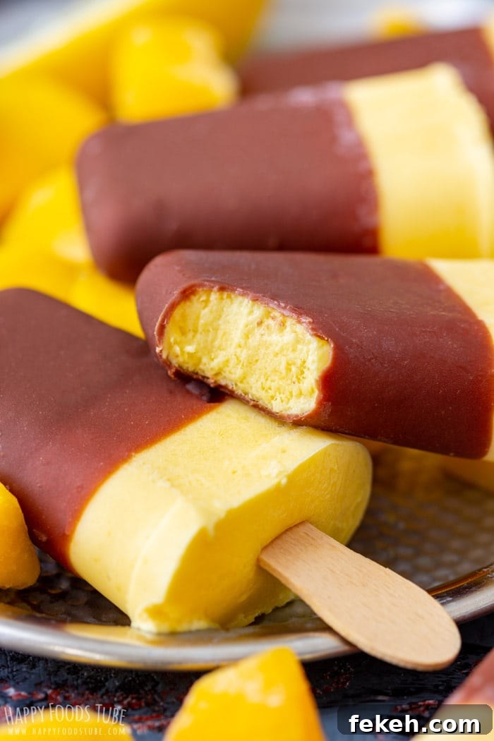 Mango Yogurt Popsicles Recipe: Creamy Tropical Frozen Treats 6 Delicious frozen Mango Yogurt Popsicles with bite taken