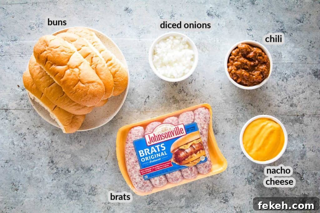 Spicy Chili Cheese Bratwurst Sandwiches for Game Day 3 Overhead image of ingredients for chili cheese brats.