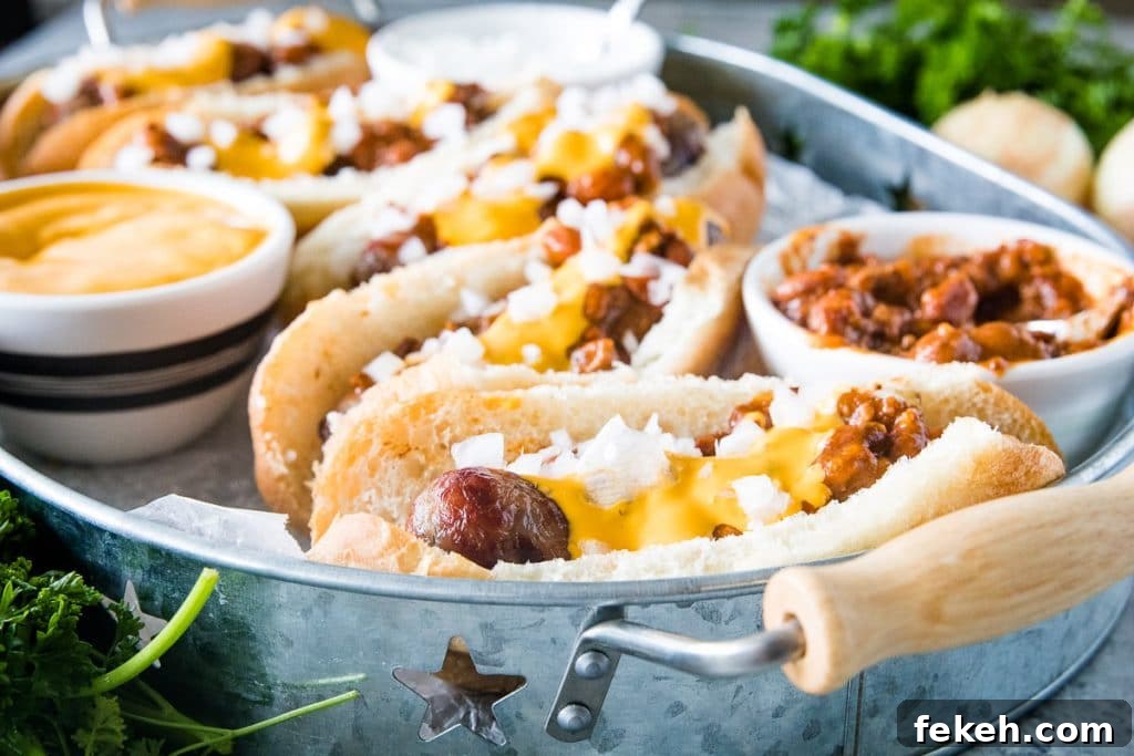 Spicy Chili Cheese Bratwurst Sandwiches for Game Day 6 Chili Cheese Brats in serving tray