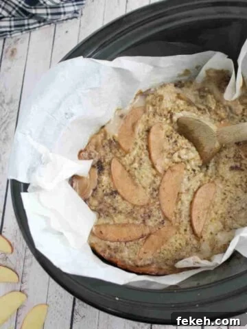Black slow cooker lined with parchment paper and protein oatmeal inside of it with a wooden spoon.