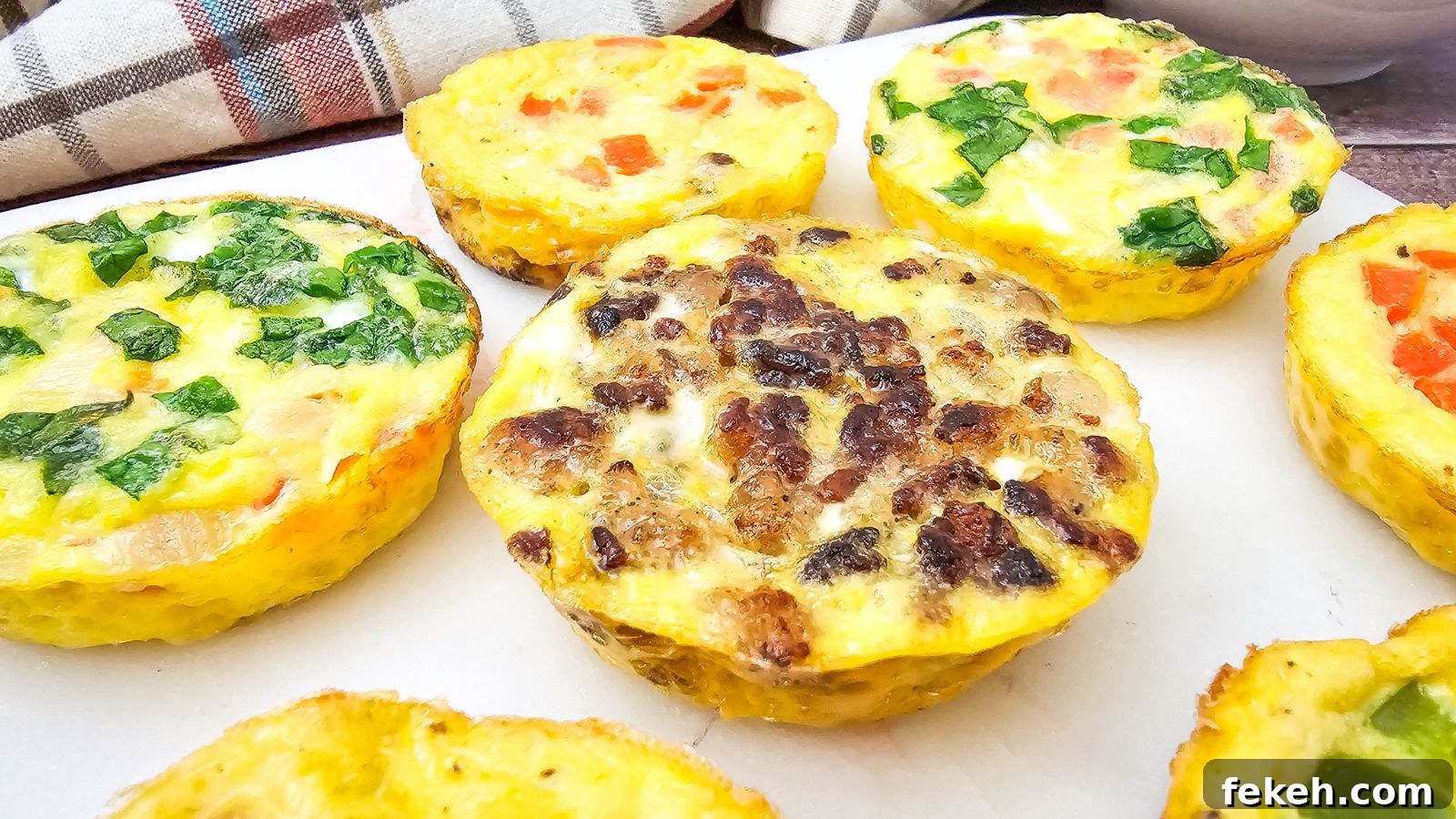 Dairy-Free Gluten-Free Egg Bites Recipe for Meal Prep 14 Mini dairy-free egg bites with bell peppers in them on a white plate.