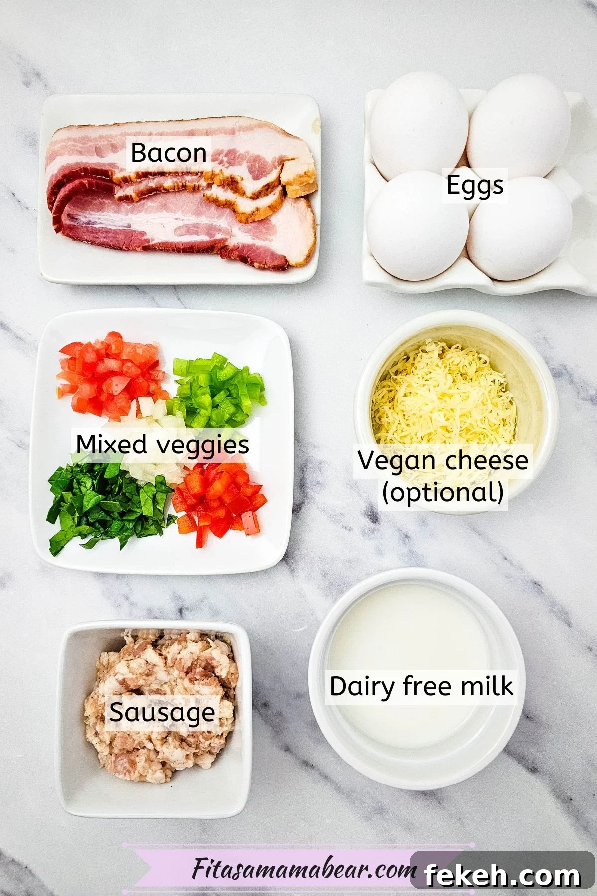 Dairy-Free Gluten-Free Egg Bites Recipe for Meal Prep 3 Veggies, eggs, milk, and meat in dishes with text labels over top.