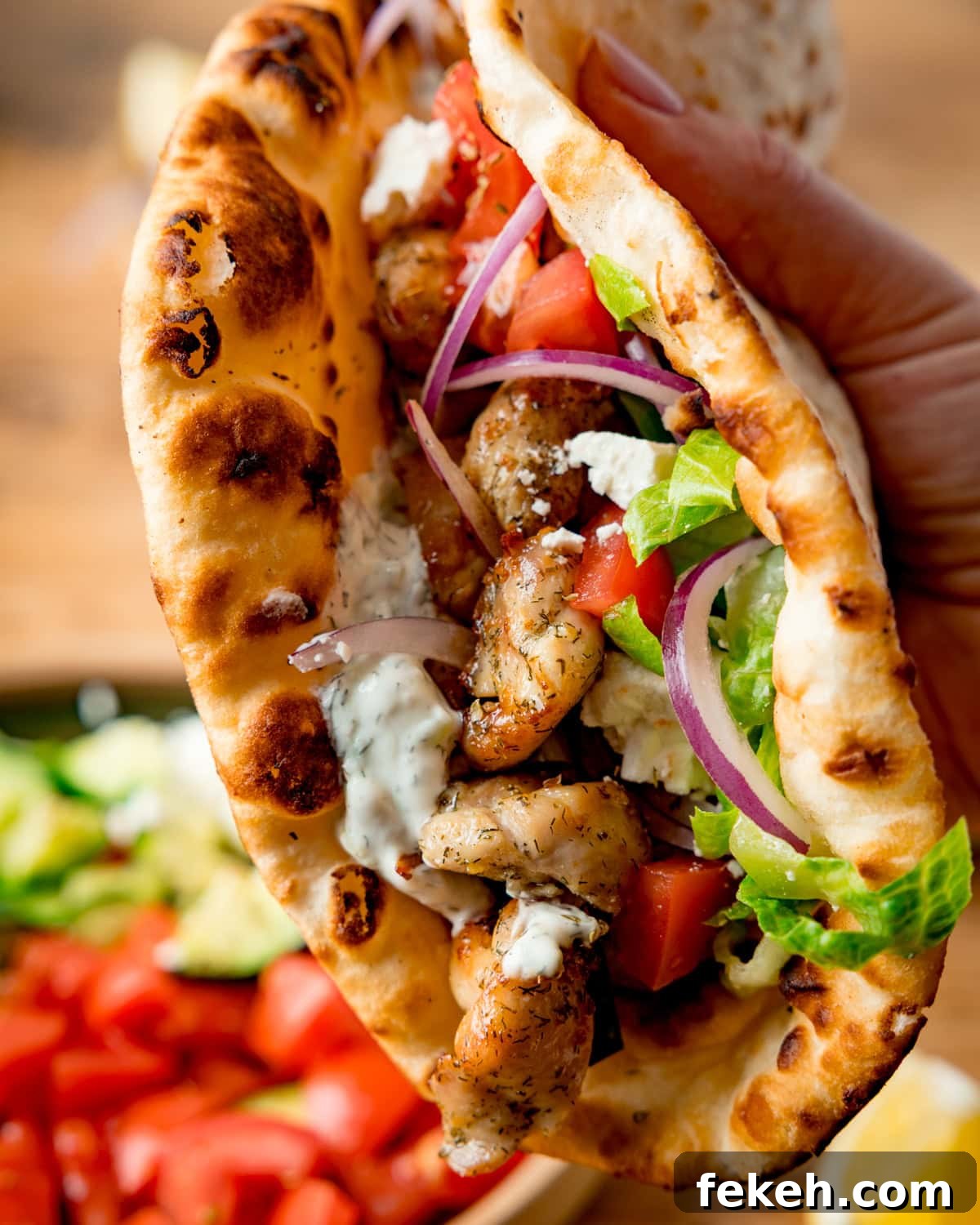 Grilled Chicken Souvlaki Recipe: Tender Mediterranean Skewers 2 A hand holds a toasted flatbread filled with chicken souvlaki, lettuce, tomato, cucumber, red onion, and homemade tzatziki sauce. A bowl of salad is blurred in the background.