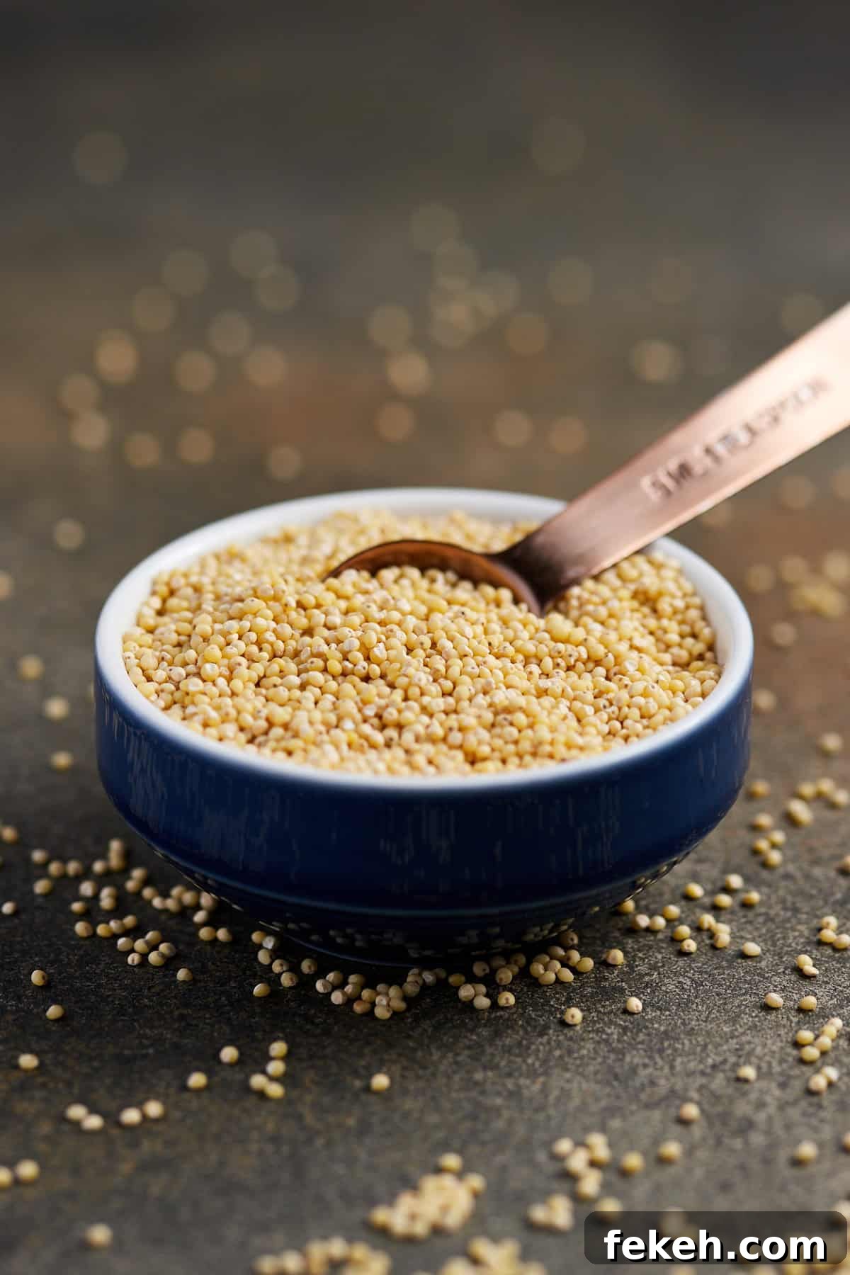 How to Cook Millet Perfectly on Stovetop or Instant Pot 2 Photo of a small bowl of uncooked millet on a dark surface with millet scattered around.