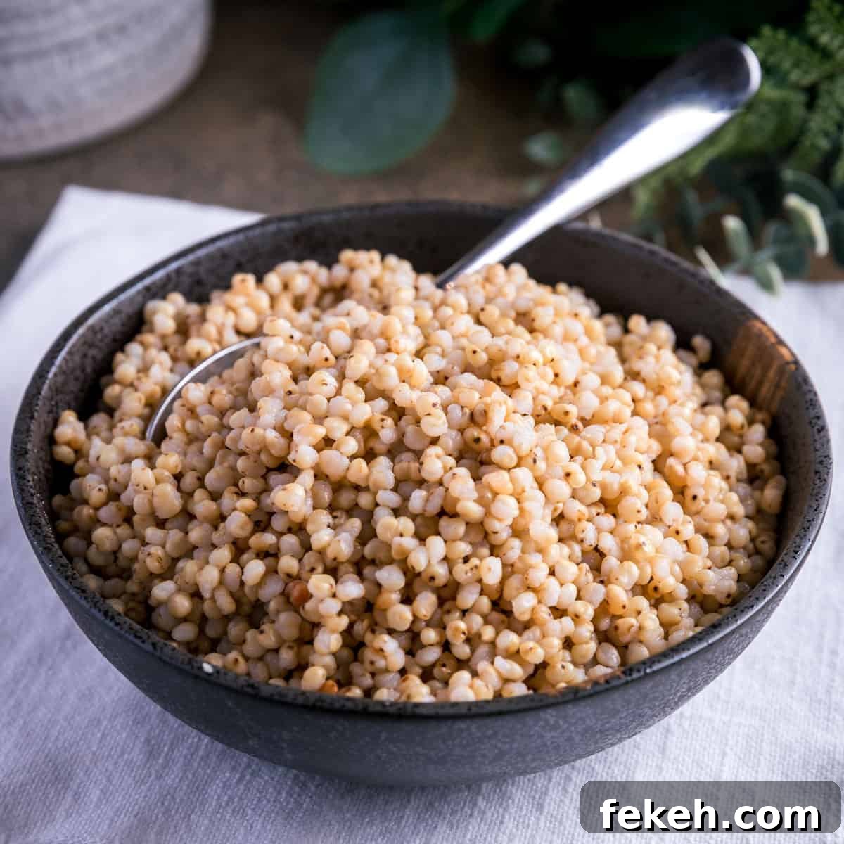 Square photo of a bowl of cooked sorghum on a white napkin with leaves and a pot in the background.