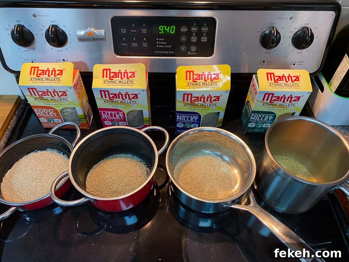 How to Cook Millet Perfectly on Stovetop or Instant Pot 4 Photo of 4 pans each containing different millets and the packets behind.