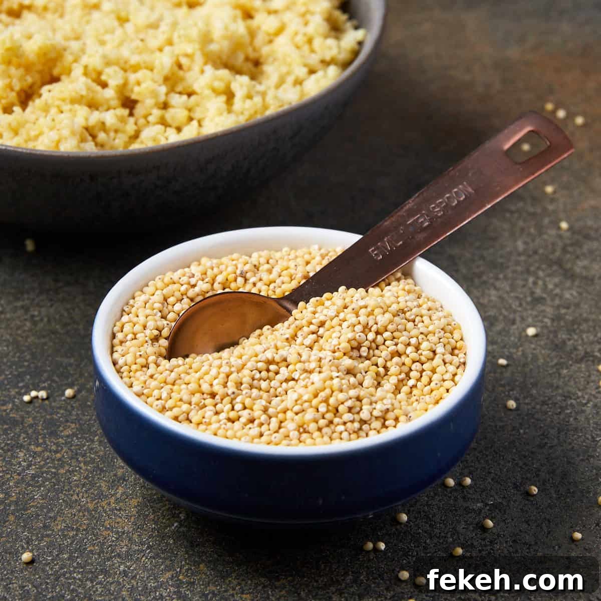 How to Cook Millet Perfectly on Stovetop or Instant Pot 9 Pinterest graphic showing a bowl of raw millet with cooked millet in the background.