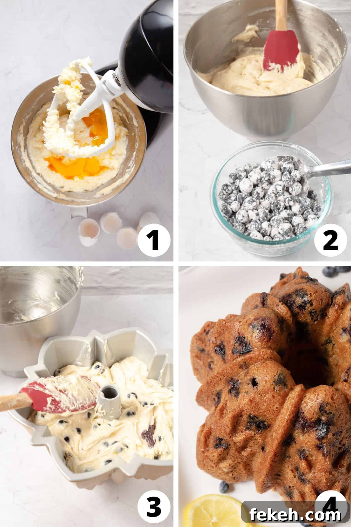 Collage of Lemon Blueberry Bundt Cake Recipe Steps
