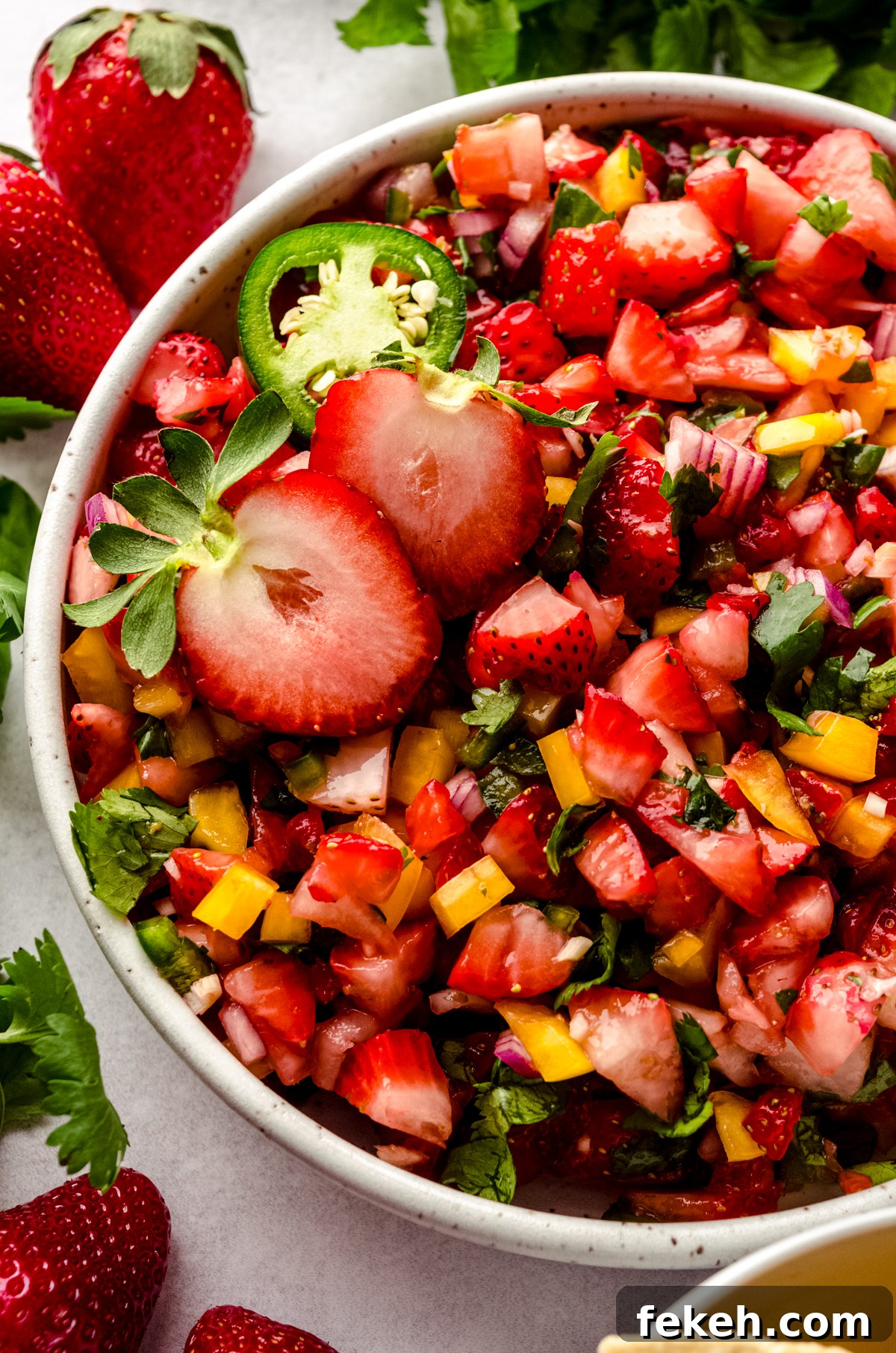 Fresh Strawberry Salsa Recipe: Zesty Fruit Salsa for Chips & Tacos 2 A bowl of fresh strawberry salsa with fresh strawberries and chips around it.