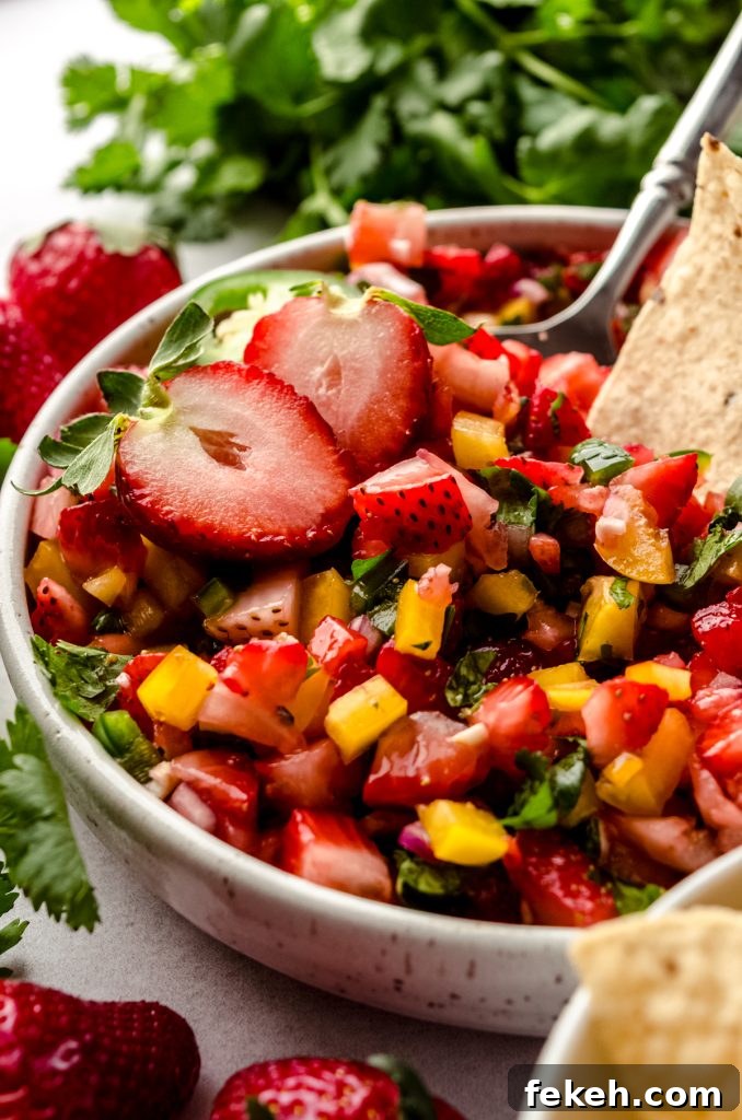 Fresh Strawberry Salsa Recipe: Zesty Fruit Salsa for Chips & Tacos 12 A bowl of fresh strawberry salsa with fresh strawberries and chips around it and a chip dipped into a bowl.