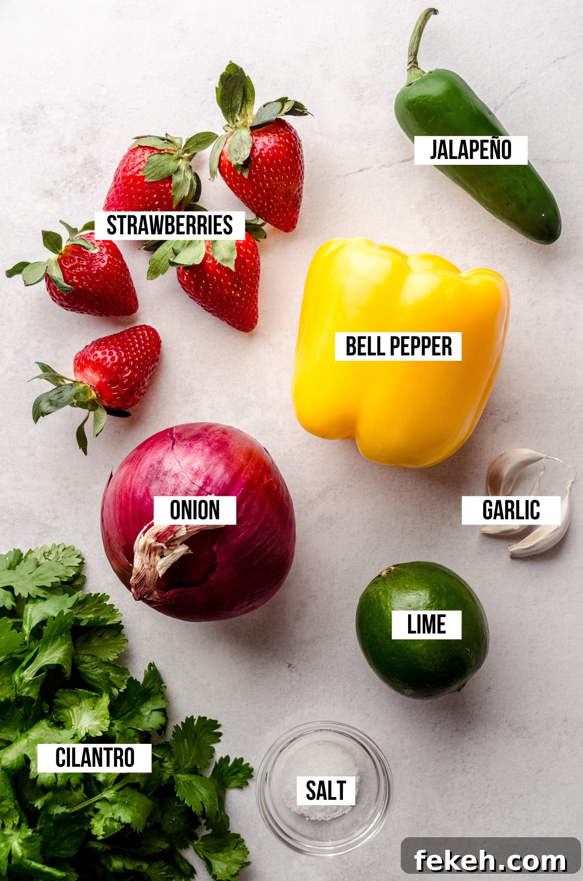 Fresh Strawberry Salsa Recipe: Zesty Fruit Salsa for Chips & Tacos 5 An aerial photo of ingredients for strawberry salsa with text overlay labeling each ingredient.