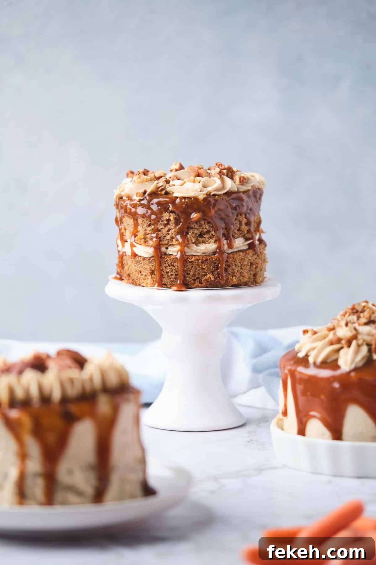 Moist Mini Carrot Cake Bites: Perfect Party Cupcakes 12 3 mini carrot cakes decorated with caramel drizzle and pecans.