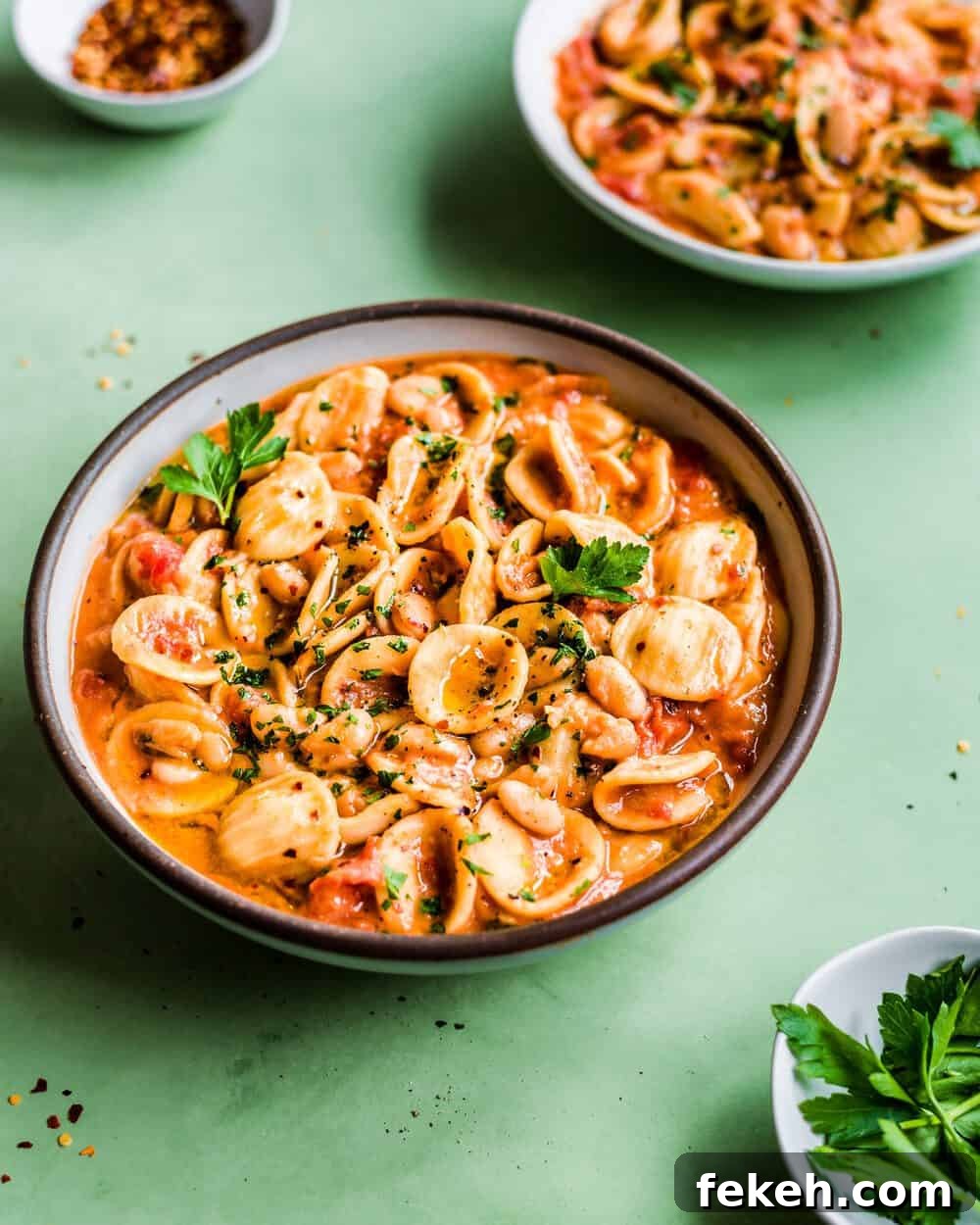 Italian White Bean and Pasta Stew with Garlic & Herbs (Vegan) 4 bowl of stew on table.