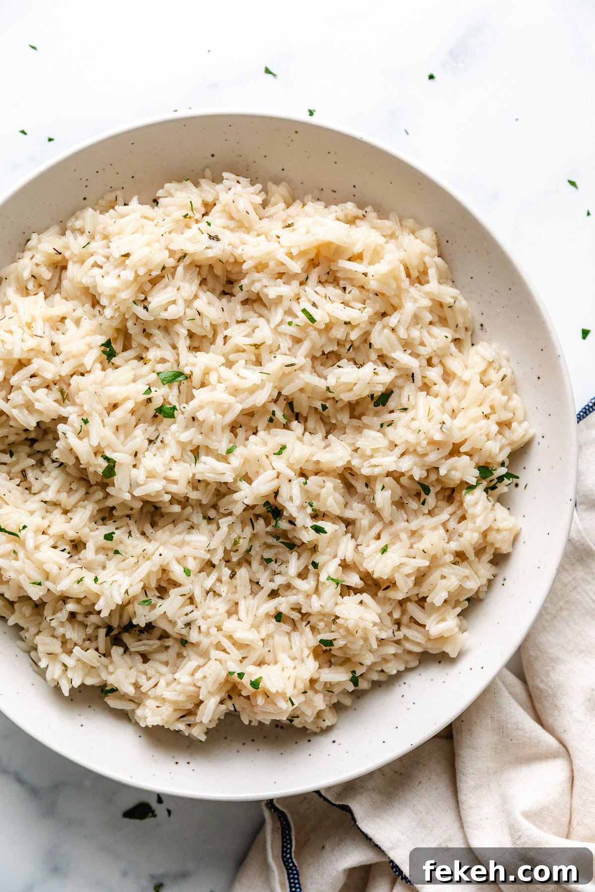 Overhead view of large bowl of rice.