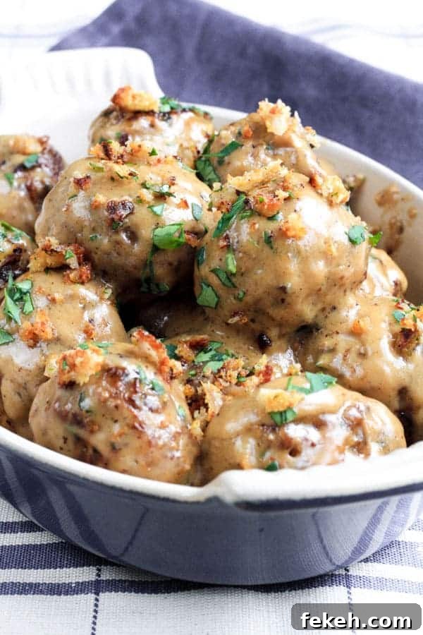 Pork Crackling, Lemon and Fennel Swedish Meatballs in a bowl