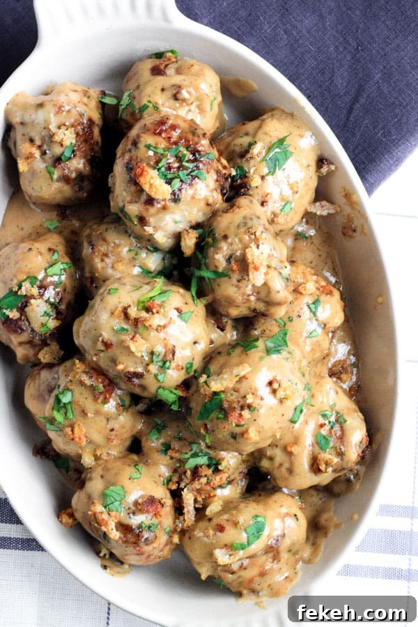 Pork Crackling, Lemon and Fennel Swedish Meatballs in a bowl
