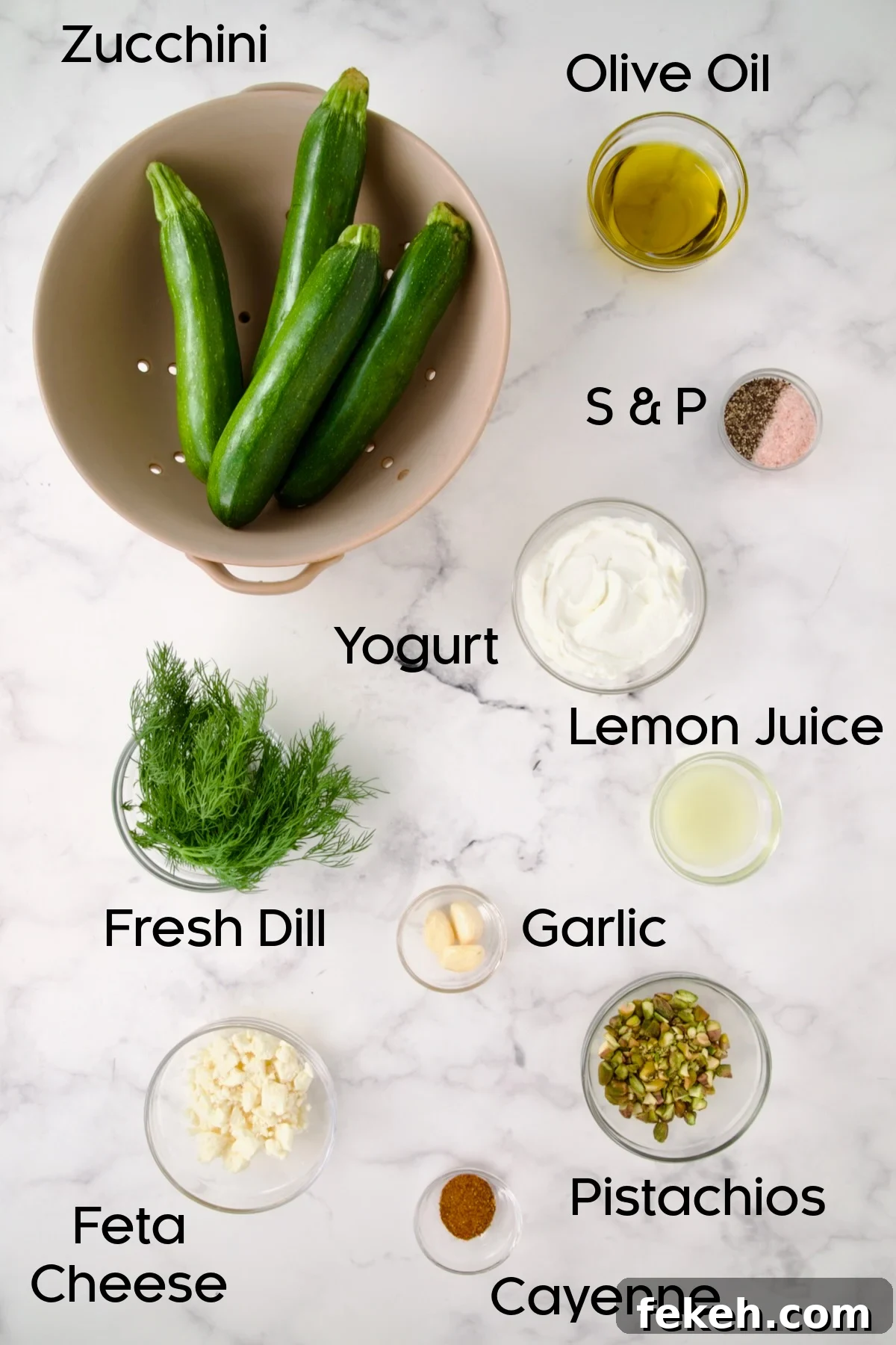 Mediterranean Grilled Zucchini with Dill Yogurt & Feta 4 Ingredients for Mediterranean Grilled Zucchini with Dill Yogurt and Feta in glass bowls.