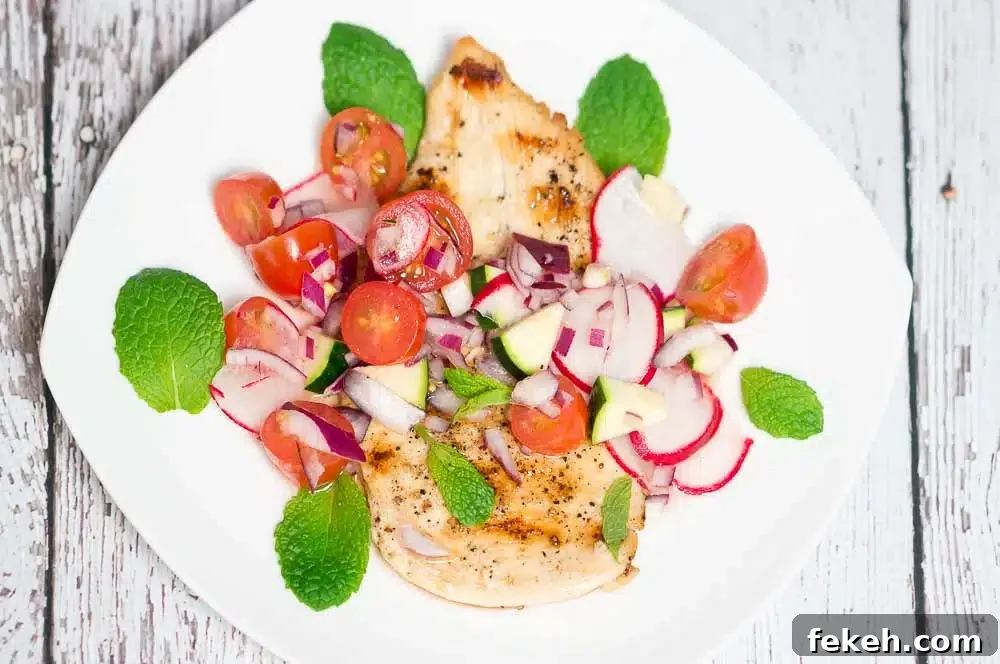 grilled chicken zucchini, radish and cherry tomato relish