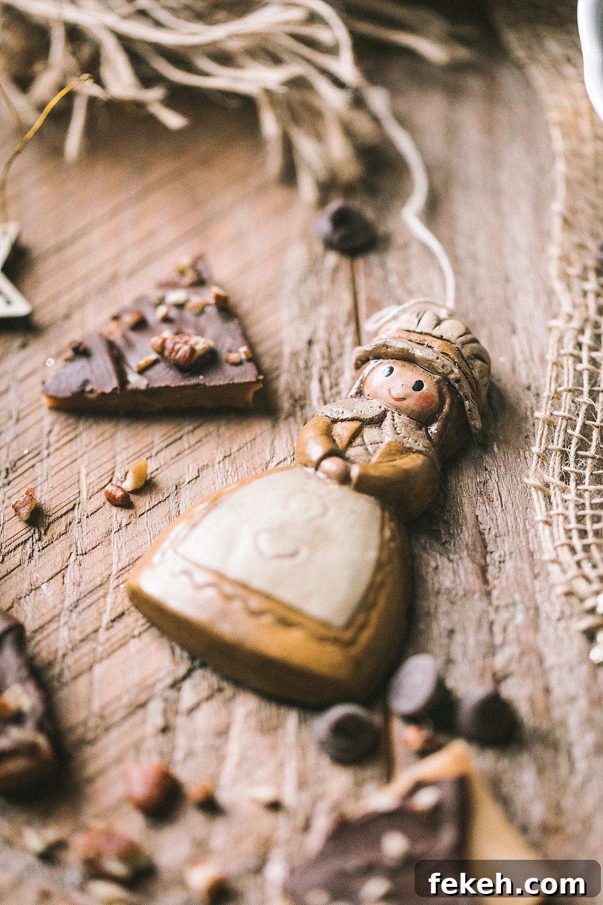 vintage wooden gingerbread girl christmas ornament on rustic table framed by golden chocolate-covered butter toffee and chocolate chips