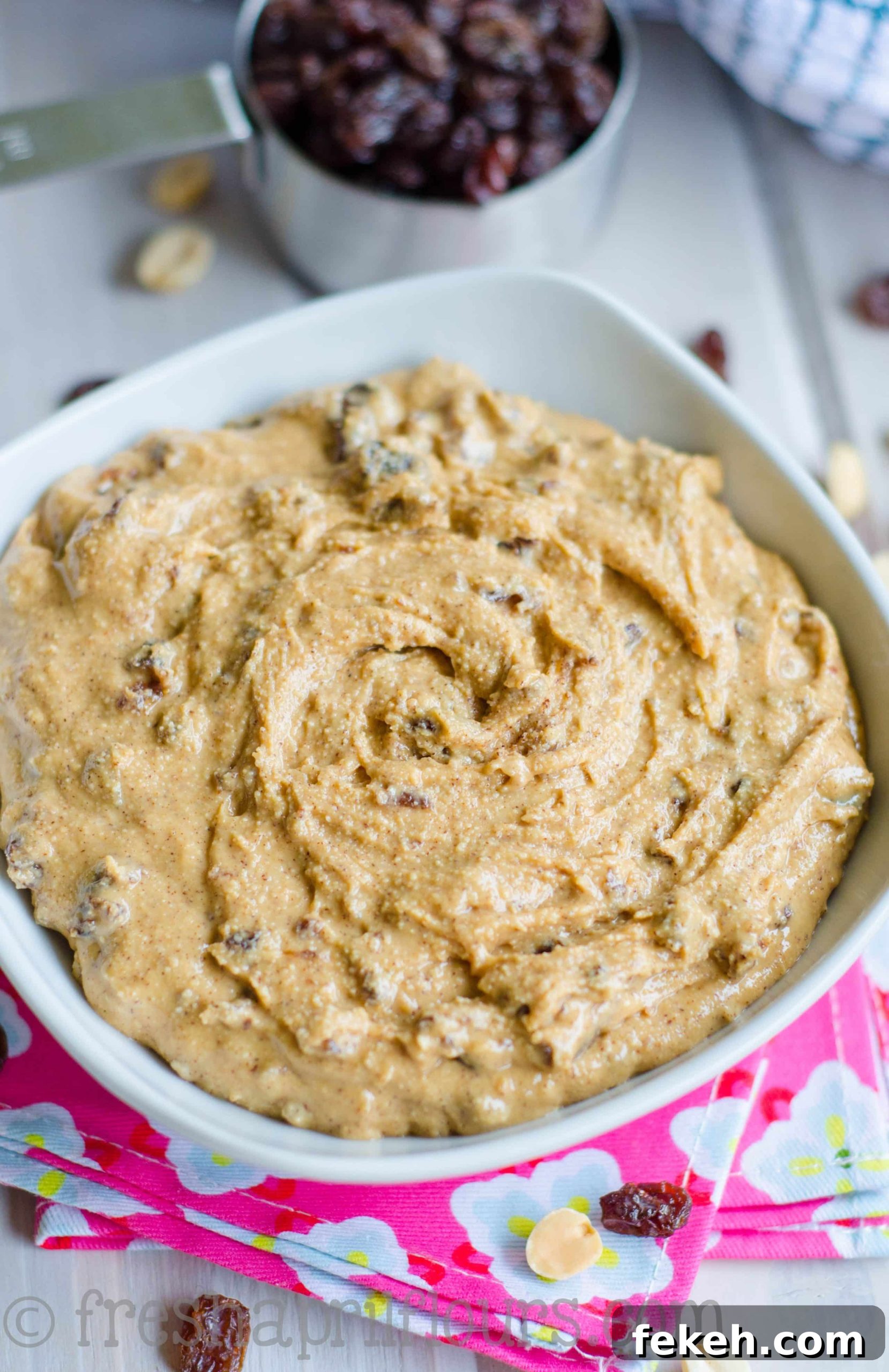 bowl of homemade cinnamon raisin peanut butter