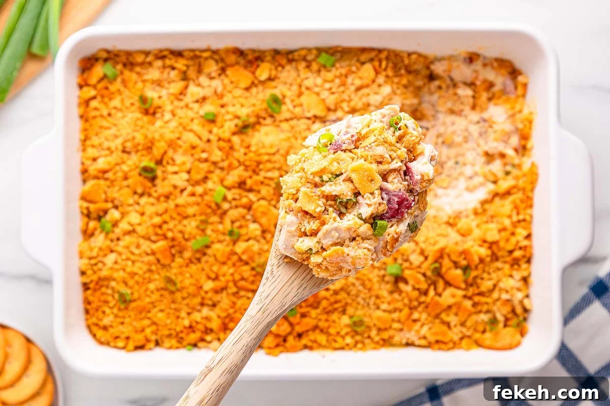 A wooden spoon holds a serving of golden, cheesy Ritz Cracker Chicken Casserole with a crunchy topping above a baking dish.