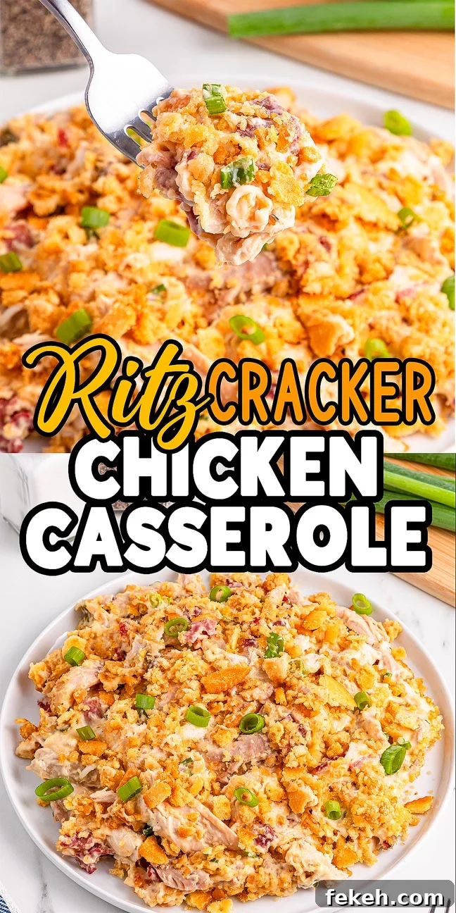 Ritz Cracker Chicken Casserole topped with buttery crushed crackers and fresh green onions, served on a white plate.