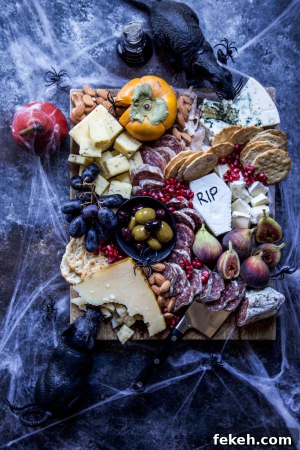 Halloween charcuterie board decorated with cobwebs, spiders, and black rats.
