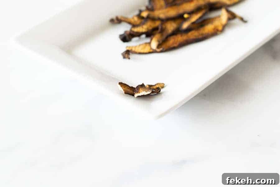 Torn mushroom jerky on white plate