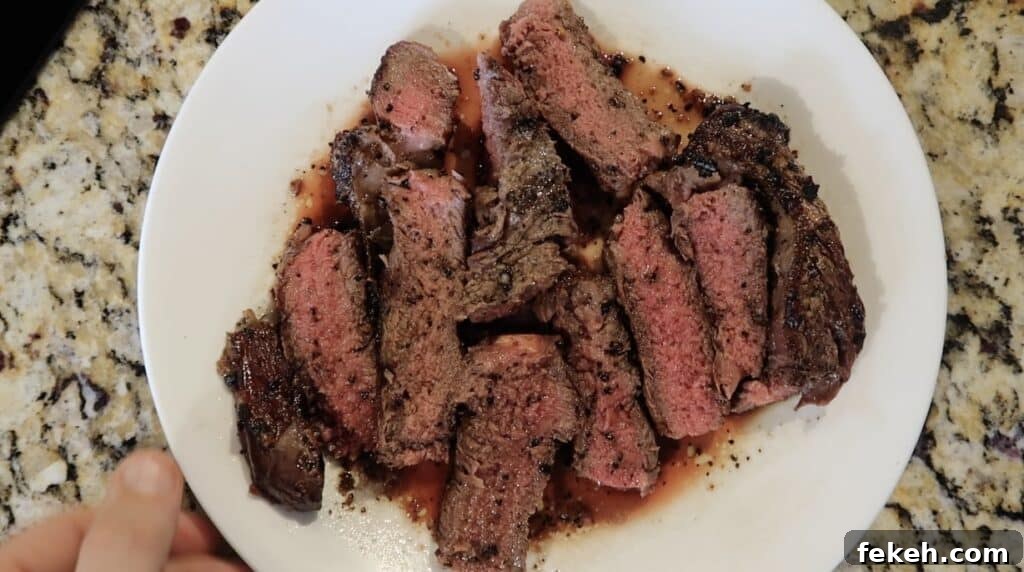 Steak sliced on plate
