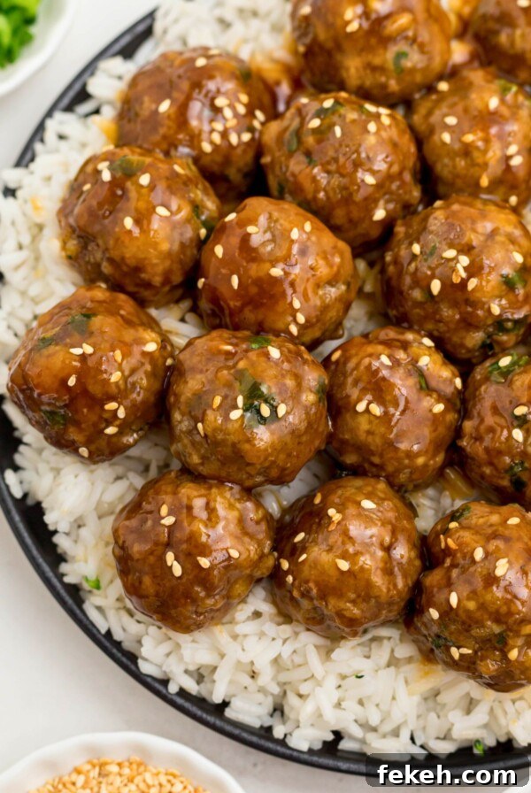 Black plate topped with white rite and juicy meatballs surrounded by chopped onions and sesame seeds on a marble table.