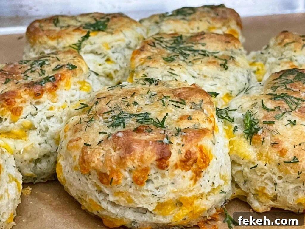 Freshly baked cheddar dill biscuits brushed with garlic dill butter while still warm.