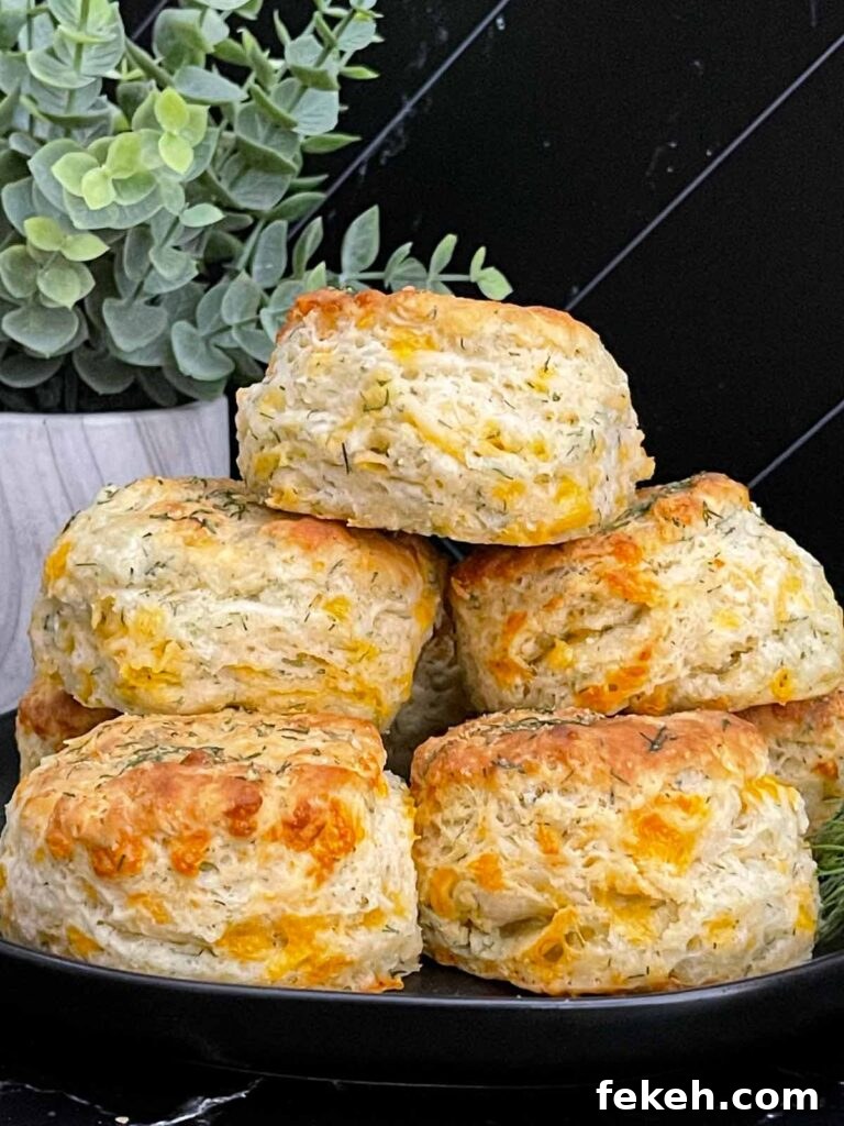 Freshly baked cheddar dill biscuits brushed with garlic dill butter stacked on a black plate.