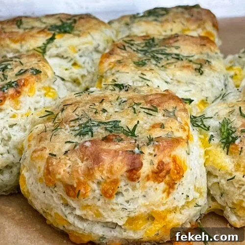 Freshly baked cheddar dill biscuits brushed with garlic dill butter while still warm.