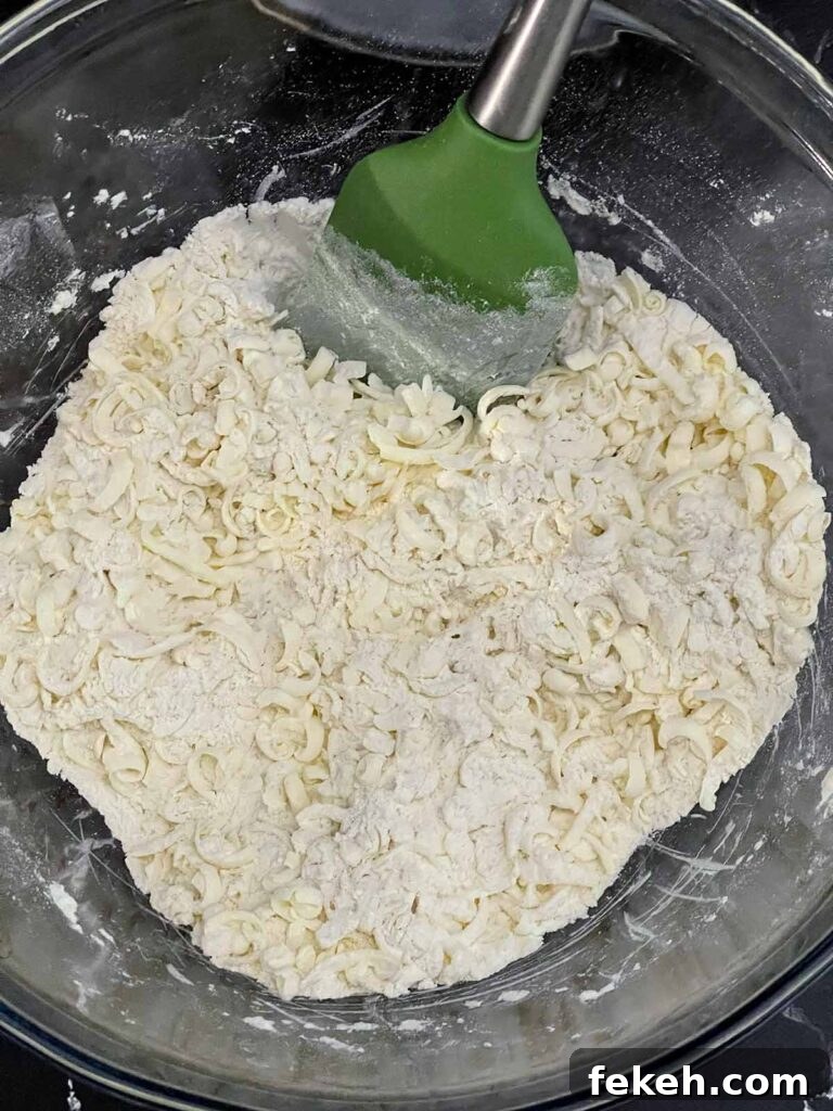Dry ingredients and frozen shredded butter mixed together in a large bowl for cheddar dill biscuits.