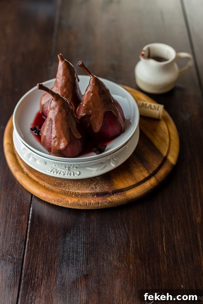 Red wine poached pears with chocolate sauce