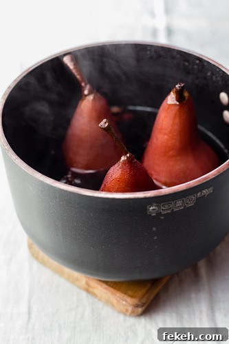 Red wine poached pears with chocolate sauce