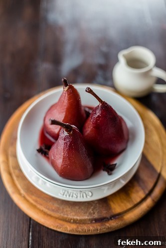 Red wine poached pears with chocolate sauce